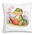 Crocodile Reading Book Watercolor Flowers Kids Pillowcase