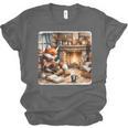 Fox Reads By Fireplace In Cabin Rustic Book Cozy Cup Tea Unisex Jersey T-Shirt