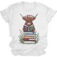 Cute Highland Cow With Book Floral Bookworm Librarian Book Unisex Jersey T-Shirt