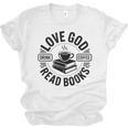 Love God Drink Coffee Read Books Christian Book Lover Unisex Jersey T-Shirt
