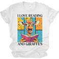Love Reading And Giraffes Cute Giraffe Reading Book Lovers Unisex Jersey T-Shirt