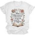 She Blooms Among The Pages Women Mom Wife Floral Book Lover Unisex Jersey T-Shirt She Blooms Among The Pages Women Mom Wife Floral Book Lover Unisex Jersey T-Shirt