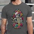 Book Lover Skeleton Reading With Dia De Los Muertos Flowers Unisex Jersey T-Shirt