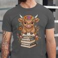 Cute Baby Highland Cow Reading Book Librarian Bookworm Unisex Jersey T-Shirt