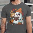 Cute Cozy Ghost Reading With Cat Book Lover Autumn Fall Unisex Jersey T-Shirt Cute Cozy Ghost Reading With Cat Book Lover Autumn Fall Unisex Jersey T-Shirt