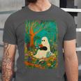 Groovy Ghost Reading Book Cat Halloween Ghost Teacher Unisex Jersey T-Shirt