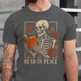 Read In Peace Skeleton Reading Book Halloween Teacher Unisex Jersey T-Shirt