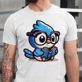 Adorable Book Lover Blue Jay With Reading Glasses Cute Raglan Baseball Tee Unisex Jersey T-Shirt