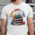 “Books Coffee & Yarn Enthusiast Cozy Reader Unisex Jersey T-Shirt “Books Coffee & Yarn Enthusiast Cozy Reader Unisex Jersey T-Shirt