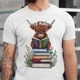 Cute Highland Cow With Book Floral Bookworm Librarian Book Unisex Jersey T-Shirt