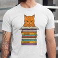 Cute Orange Tabby Cat Reading On Pile Of Books Unisex Jersey T-Shirt Cute Orange Tabby Cat Reading On Pile Of Books Unisex Jersey T-Shirt