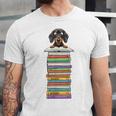Cute Wiener Dog Dachshund Reading On Pile Of Books Unisex Jersey T-Shirt Cute Wiener Dog Dachshund Reading On Pile Of Books Unisex Jersey T-Shirt