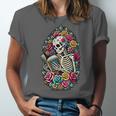 Book Lover Skeleton Reading With Dia De Los Muertos Flowers Unisex Jersey T-Shirt