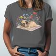 Color Floral Cute Pug Dog On Book Reading Bookworm Reader Unisex Jersey T-Shirt Color Floral Cute Pug Dog On Book Reading Bookworm Reader Unisex Jersey T-Shirt