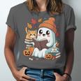 Cute Cozy Ghost Reading With Cat Book Lover Autumn Fall Unisex Jersey T-Shirt Cute Cozy Ghost Reading With Cat Book Lover Autumn Fall Unisex Jersey T-Shirt