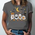 Cute Ghost Drinking Coffee Halloween Fall Ghost Book Reading Unisex Jersey T-Shirt