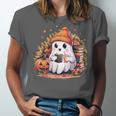 Cute Ghost Drinking Coffee Halloween Reading Book Retro Unisex Jersey T-Shirt Cute Ghost Drinking Coffee Halloween Reading Book Retro Unisex Jersey T-Shirt