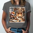 Fox Reads By Fireplace In Cabin Rustic Book Cozy Cup Tea Unisex Jersey T-Shirt