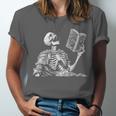 Hilarious Skeleton Holding a Book And Laughing Gothic Unisex Jersey T-Shirt Hilarious Skeleton Holding a Book And Laughing Gothic Unisex Jersey T-Shirt