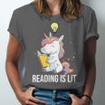 Women's Reading Is Lit Unicorn Library English Teacher Book Lover Unisex Jersey T-Shirt