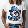 Adorable Book Lover Blue Jay With Reading Glasses Cute Raglan Baseball Tee Unisex Jersey T-Shirt