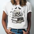 Boo Skeleton Skull Books Halloween Women School Teacher Kid Premium Unisex Jersey T-Shirt