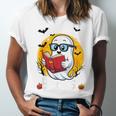 Cute Ghost Reading Book Retro Halloween Librarian Unisex Jersey T-Shirt Cute Ghost Reading Book Retro Halloween Librarian Unisex Jersey T-Shirt