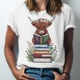 Cute Highland Cow With Book Floral Bookworm Librarian Book Unisex Jersey T-Shirt
