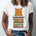 Cute Orange Tabby Cat Reading On Pile Of Books Unisex Jersey T-Shirt Cute Orange Tabby Cat Reading On Pile Of Books Unisex Jersey T-Shirt