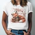 Fox And Book Lover Graphic For Women And Spring Pink Flower Unisex Jersey T-Shirt