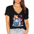 Adorable Book Lover Calico Cat With Reading Glasses Cute For Men Women Kids Women's Jersey Short Sleeve Deep V-Neck Tshirt