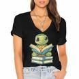 Adorable Turtle Reading Books Women's Jersey Short Sleeve Deep V-Neck Tshirt