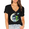 Astronaut Reading Book To Alien Shirt Moon Space Lover Kids Women's Jersey Short Sleeve Deep V-Neck Tshirt