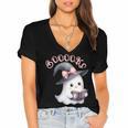 Boo Ghost Books Coquette Bow Halloween Women School Teacher Women's Jersey Short Sleeve Deep V-Neck Tshirt