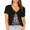 All Booked For Christmas Book Christmas Tree Lights Women's Jersey Short Sleeve Deep V-Neck Tshirt