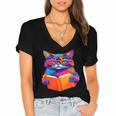 Cat Book Shirt Colorful Cat Reading Book Women's Jersey Short Sleeve Deep V-Neck Tshirt