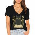 Cat Reading Book Flowers Women's Jersey Short Sleeve Deep V-Neck Tshirt