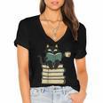 Cat Reading Book Women's Jersey Short Sleeve Deep V-Neck Tshirt