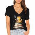 Cat Reading Books Women's Jersey Short Sleeve Deep V-Neck Tshirt