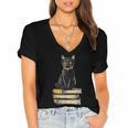 Cat Sitting On Books Women's Jersey Short Sleeve Deep V-Neck Tshirt
