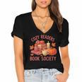 Cozy Readers Book Society Teacher Reading Floral Pumpkin Tee Women's Jersey Short Sleeve Deep V-Neck Tshirt