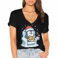 Cute Christmas Penguin Reading Book Cozy Winter Holiday Art Women's Jersey Short Sleeve Deep V-Neck Tshirt