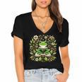 Cute Floral Frog Book Reading Women's Jersey Short Sleeve Deep V-Neck Tshirt