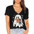 Cute Ghost Reading Book Spooky Season Halloween Costume Kids Women's Jersey Short Sleeve Deep V-Neck Tshirt