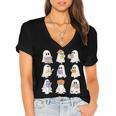 Cute Ghost Reading Books Teacher Halloween Reading Men Women Kids Women's Jersey Short Sleeve Deep V-Neck Tshirt