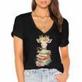 Cute Giraffe With Book Floral Bookworm Librarian Book Lover Women's Jersey Short Sleeve Deep V-Neck Tshirt