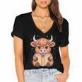 Cute Highland Cow Reading Book Women's Jersey Short Sleeve Deep V-Neck Tshirt Cute Highland Cow Reading Book Women's Jersey Short Sleeve Deep V-Neck Tshirt