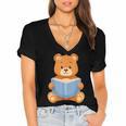 Cute Teddy Bear Reading Book Adorable For Readers Women's Jersey Short Sleeve Deep V-Neck Tshirt