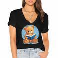 Cute Teddy Bear Reading Book Fun Women's Jersey Short Sleeve Deep V-Neck Tshirt
