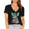 Dragon Reading Books Fantasy Lovers Mythical Creatures Women's Jersey Short Sleeve Deep V-Neck Tshirt Dragon Reading Books Fantasy Lovers Mythical Creatures Women's Jersey Short Sleeve Deep V-Neck Tshirt